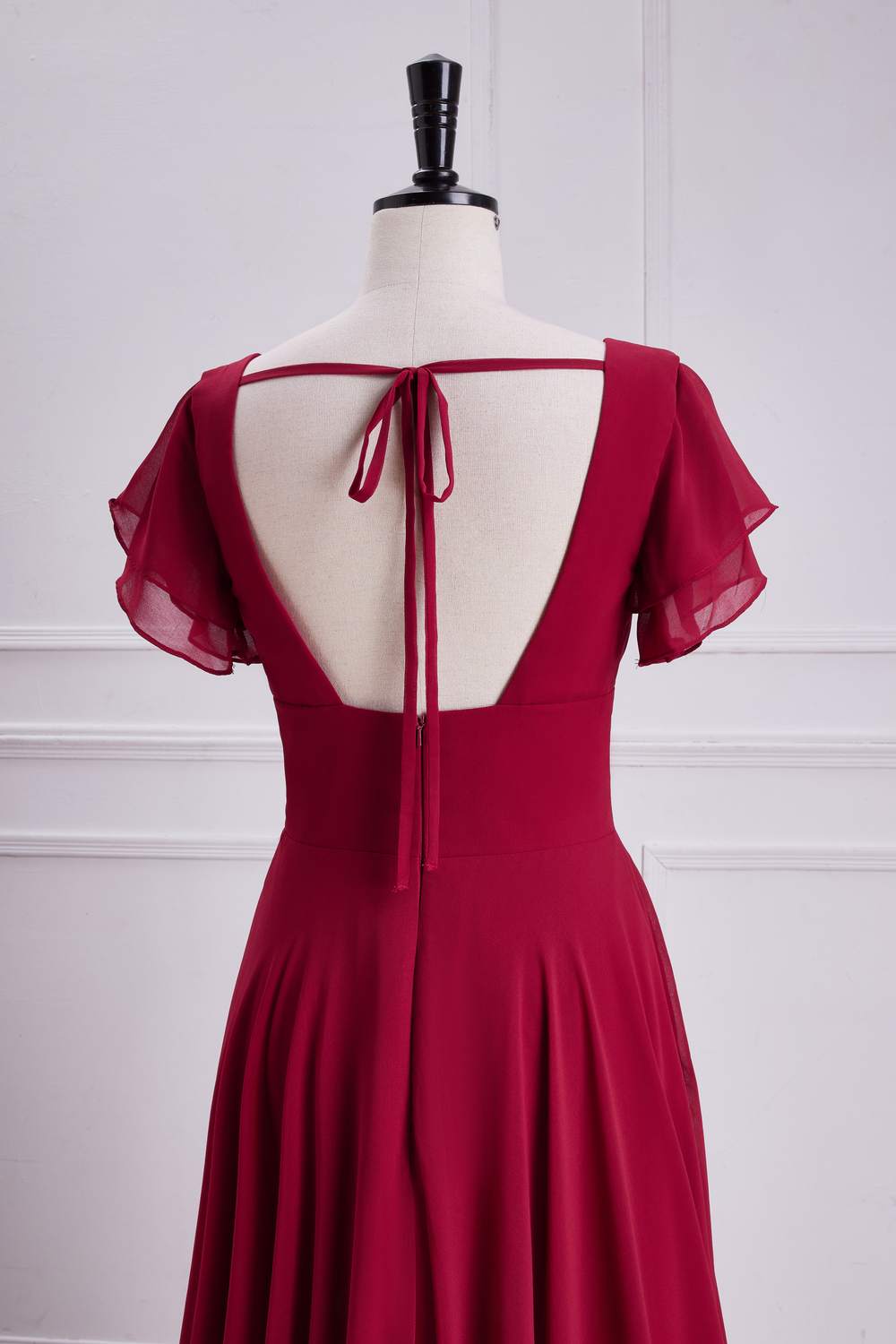 Wine Red Flaunt Sleeves V Neck A-line Long Bridesmaid Dress with Slit