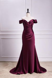 Raspberry Off-Shoulder Mermaid Satin Long Bridesmaid Dress
