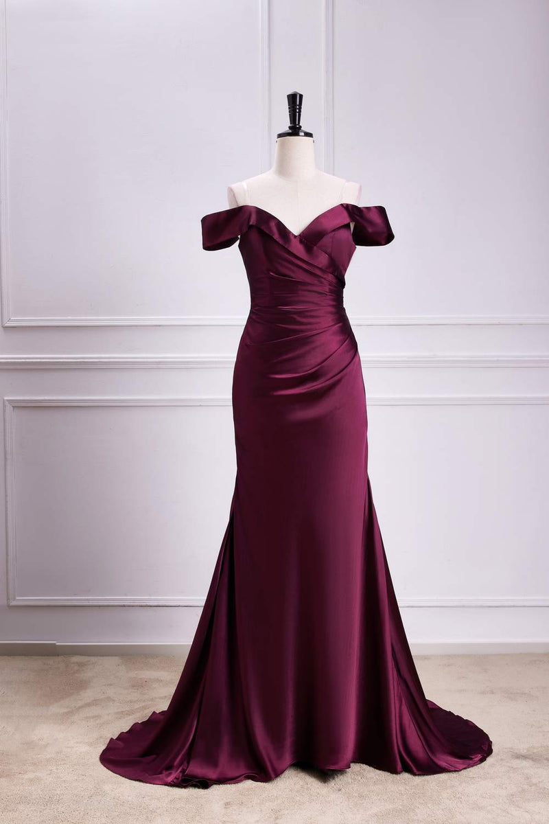 Raspberry Off-Shoulder Mermaid Satin Long Bridesmaid Dress