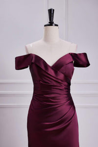 Raspberry Off-Shoulder Mermaid Satin Long Bridesmaid Dress