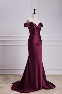 Raspberry Off-Shoulder Mermaid Satin Long Bridesmaid Dress
