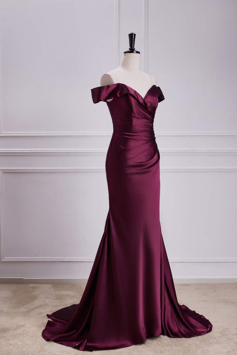 Raspberry Off-Shoulder Mermaid Satin Long Bridesmaid Dress