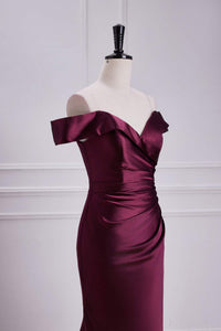Raspberry Off-Shoulder Mermaid Satin Long Bridesmaid Dress