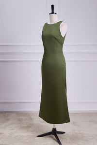 Olive Sleeveless Bow Tie Straps Mermaid Calf-Length Bridesmaid Dress