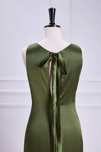 Olive Sleeveless Bow Tie Straps Mermaid Calf-Length Bridesmaid Dress