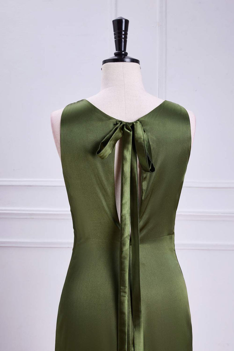 Olive Sleeveless Bow Tie Straps Mermaid Calf-Length Bridesmaid Dress