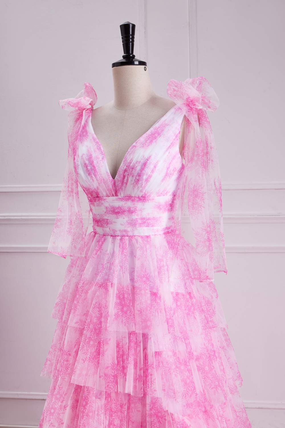 Pink Floral Bow Tie Straps Layers A-line Long Prom Dress with Slit