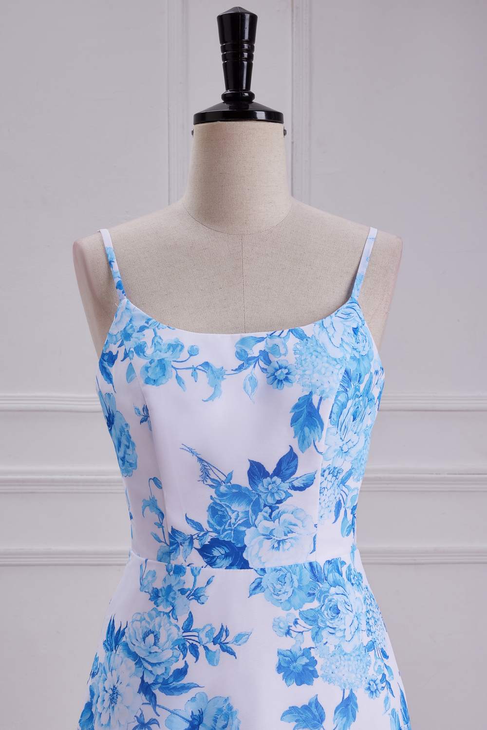 Blue Floral Spaghetti Straps A-line Long Bridesmaid Dress