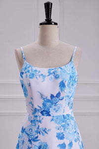 Blue Floral Spaghetti Straps A-line Long Bridesmaid Dress