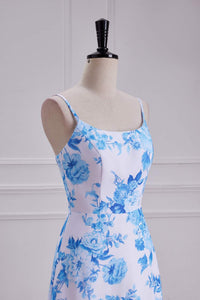 Blue Floral Spaghetti Straps A-line Long Bridesmaid Dress
