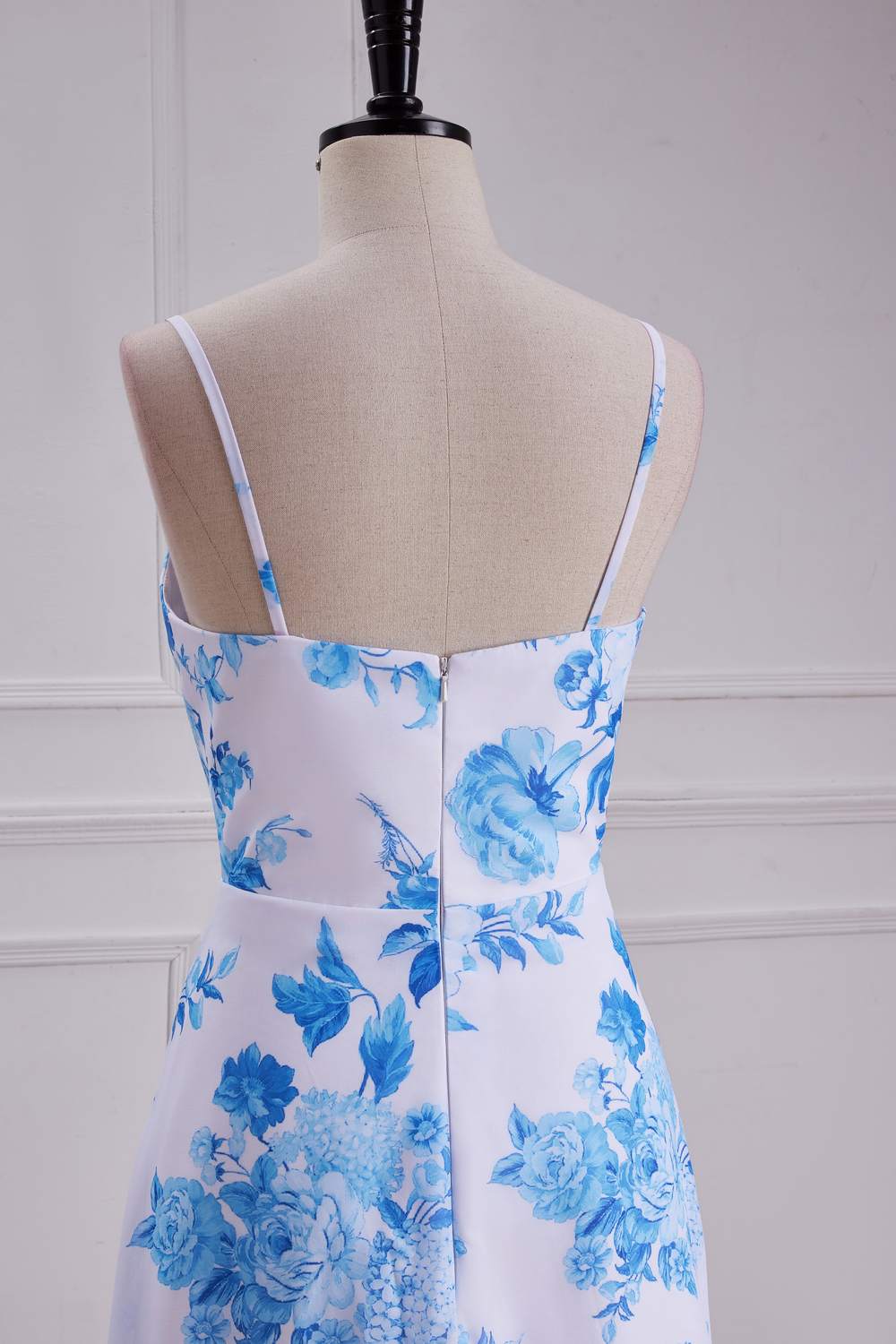 Blue Floral Spaghetti Straps A-line Long Bridesmaid Dress