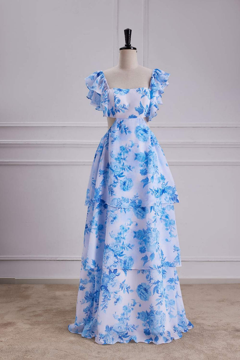 Blue Floral Bow Tie Flutter Sleeves Layers A-line Long Bridesmaid Dress