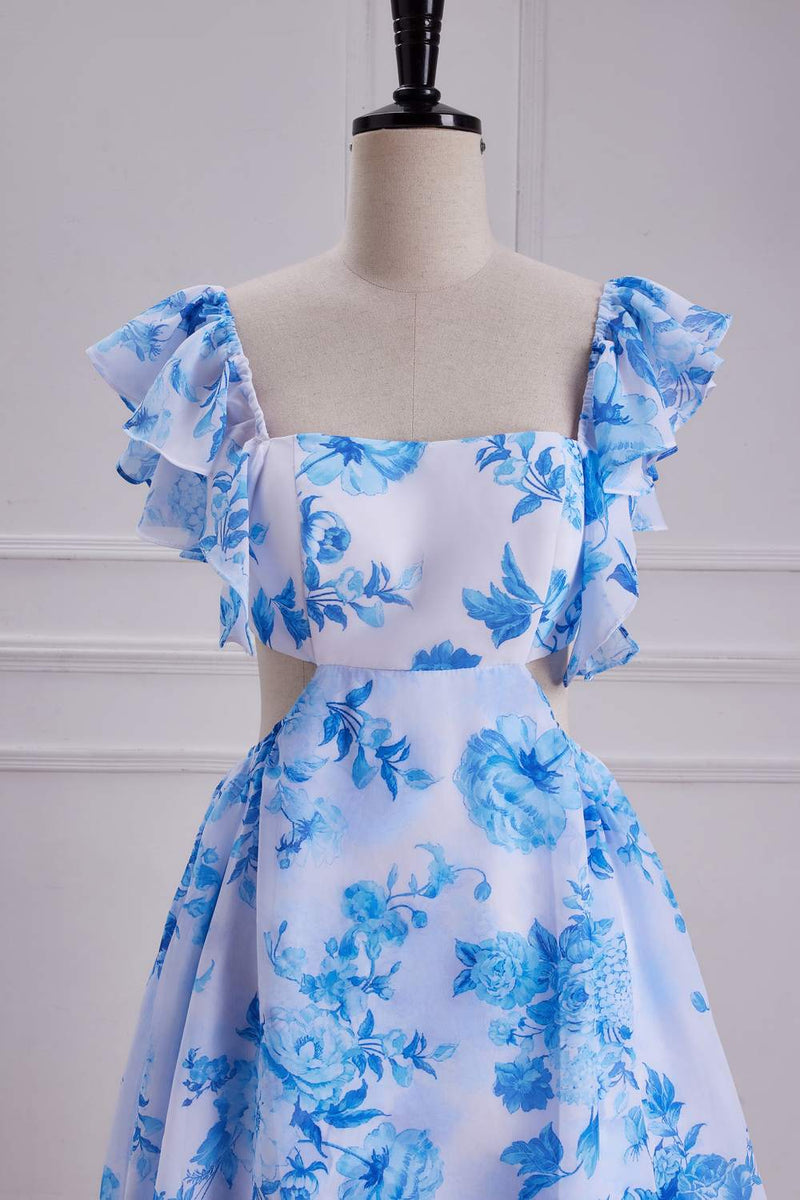 Blue Floral Bow Tie Flutter Sleeves Layers A-line Long Bridesmaid Dress