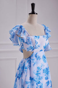 Blue Floral Bow Tie Flutter Sleeves Layers A-line Long Bridesmaid Dress