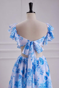 Blue Floral Bow Tie Flutter Sleeves Layers A-line Long Bridesmaid Dress