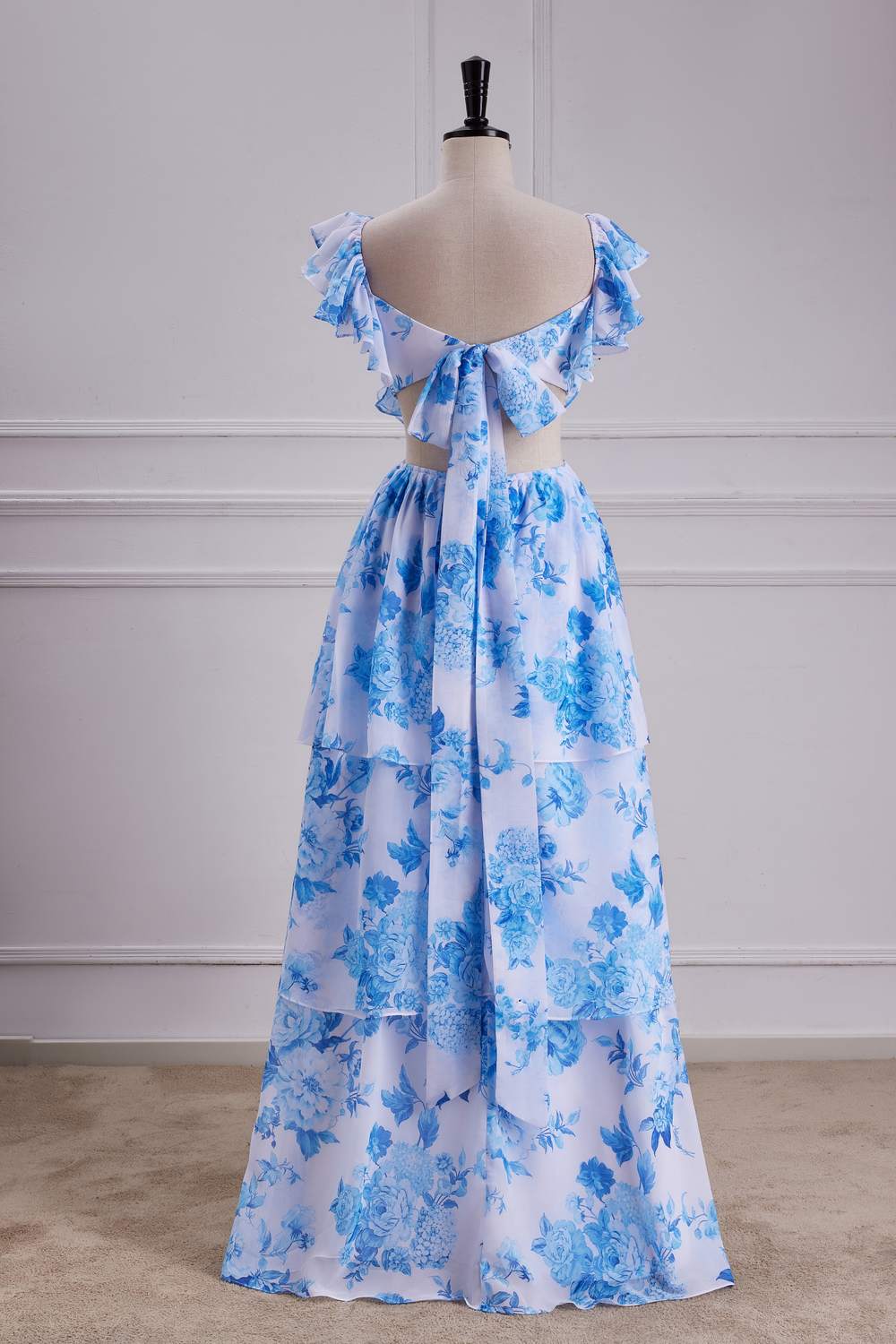Blue Floral Bow Tie Flutter Sleeves Layers A-line Long Bridesmaid Dress