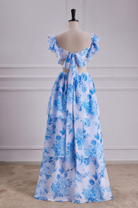 Blue Floral Bow Tie Flutter Sleeves Layers A-line Long Bridesmaid Dress