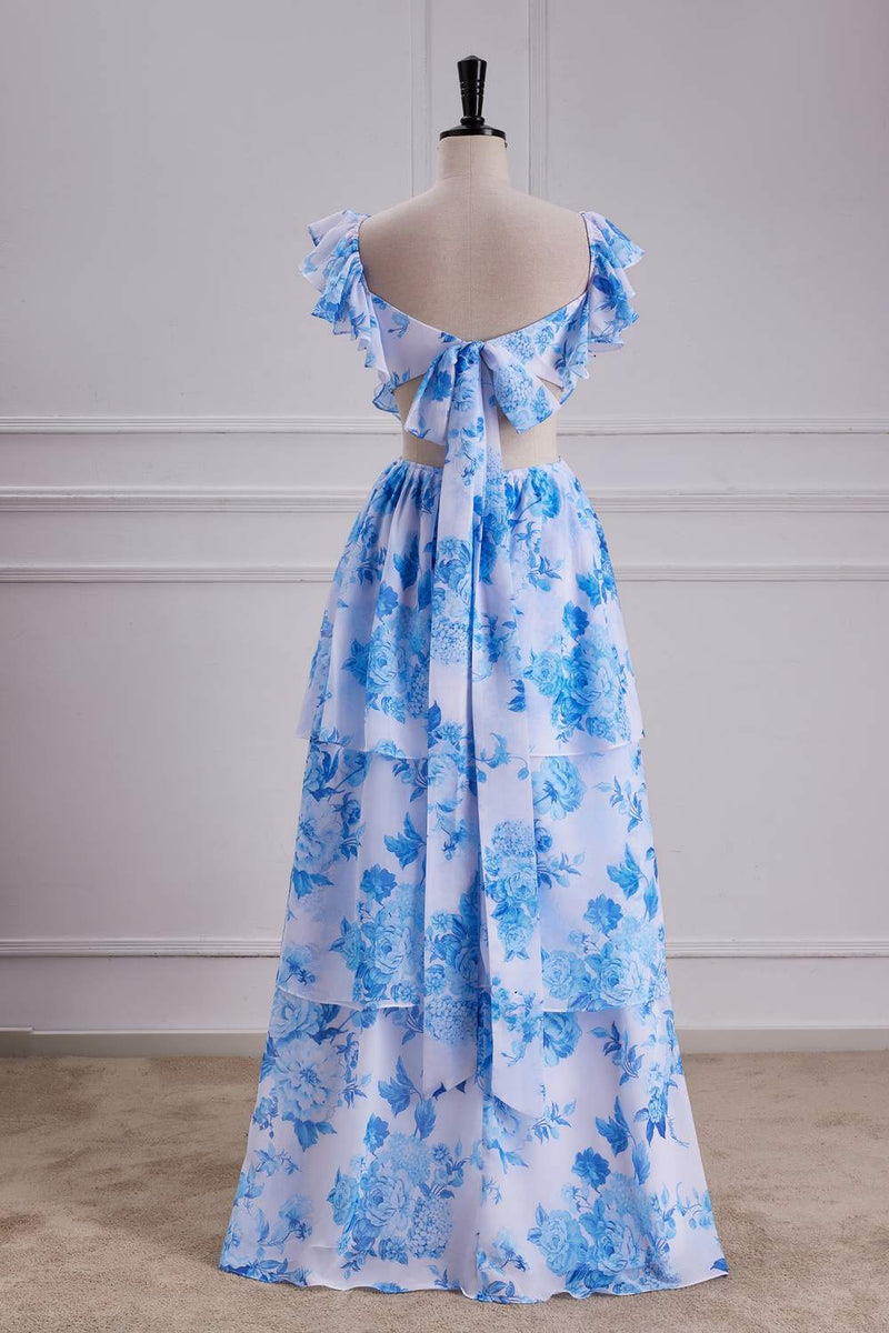Blue Floral Bow Tie Flutter Sleeves Layers A-line Long Bridesmaid Dress