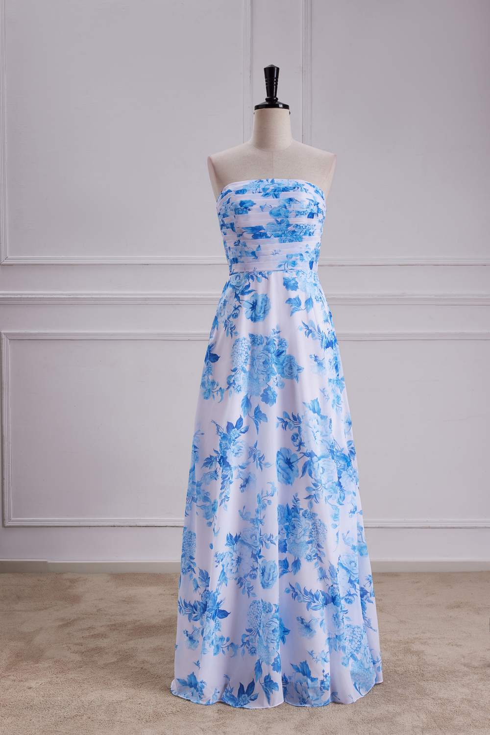 Blue Floral Strapless A-line Long Bridesmaid Dress