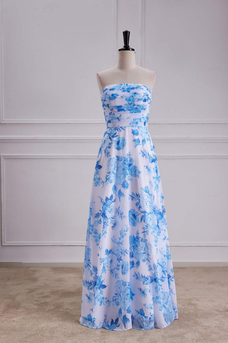 Blue Floral Strapless A-line Long Bridesmaid Dress