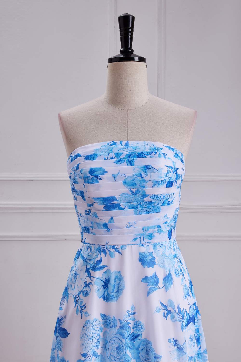 Blue Floral Strapless A-line Long Bridesmaid Dress
