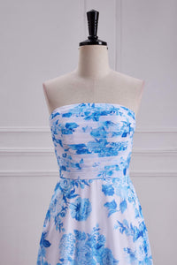 Blue Floral Strapless A-line Long Bridesmaid Dress