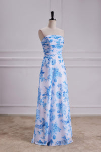 Blue Floral Strapless A-line Long Bridesmaid Dress