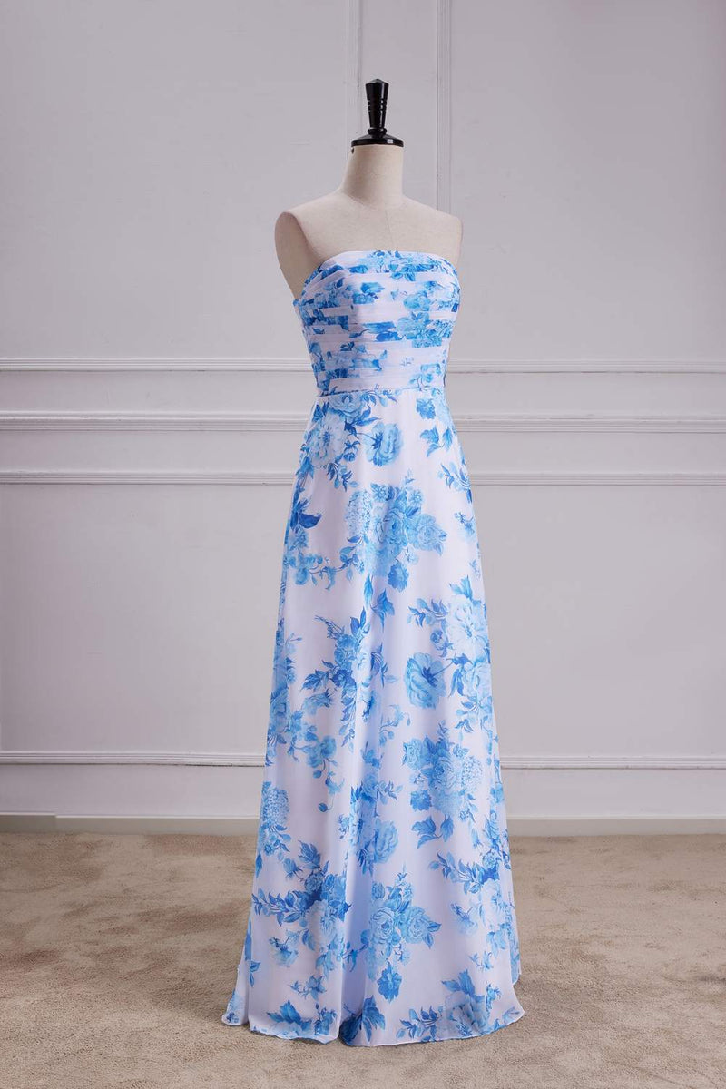 Blue Floral Strapless A-line Long Bridesmaid Dress