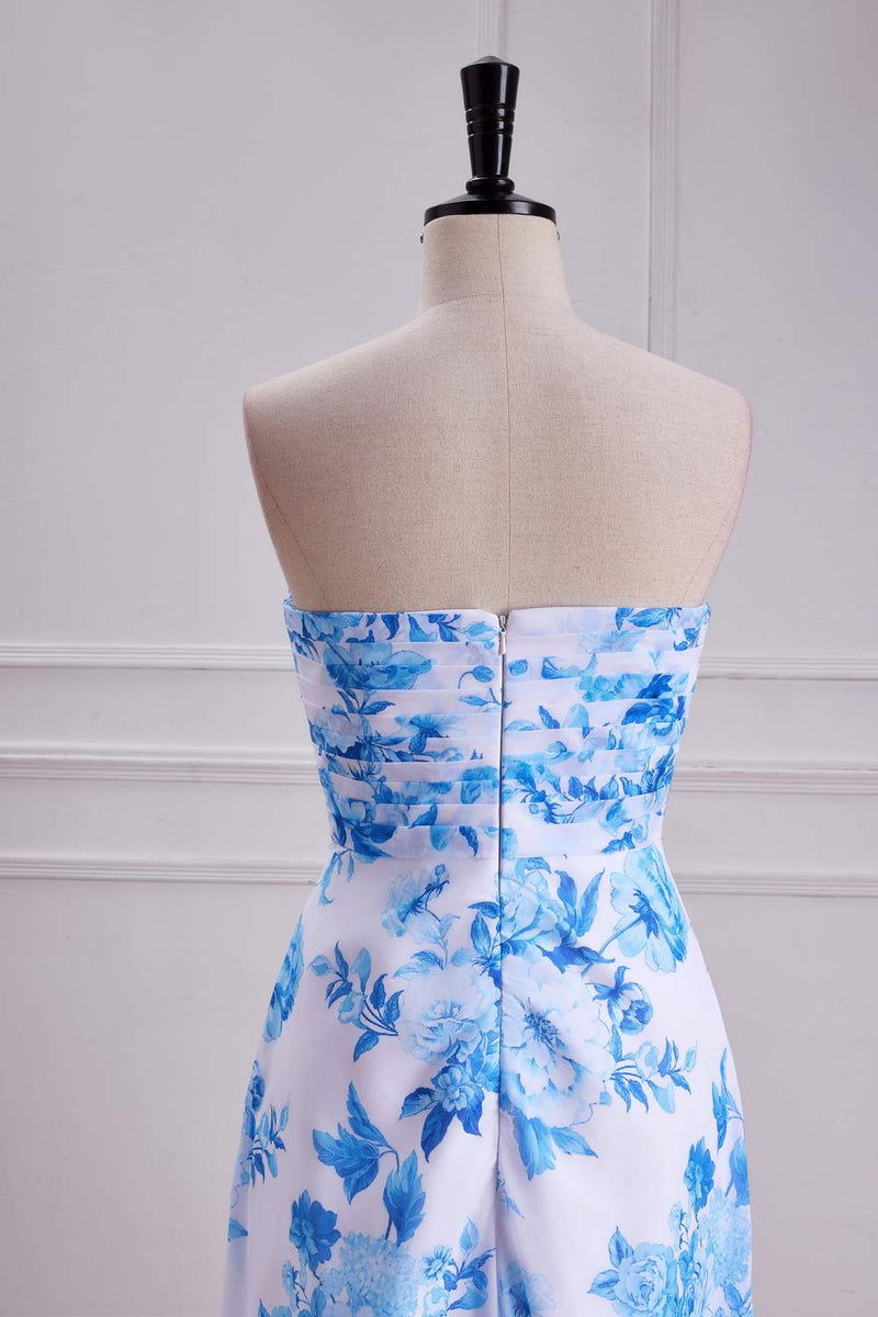 Blue Floral Strapless A-line Long Bridesmaid Dress