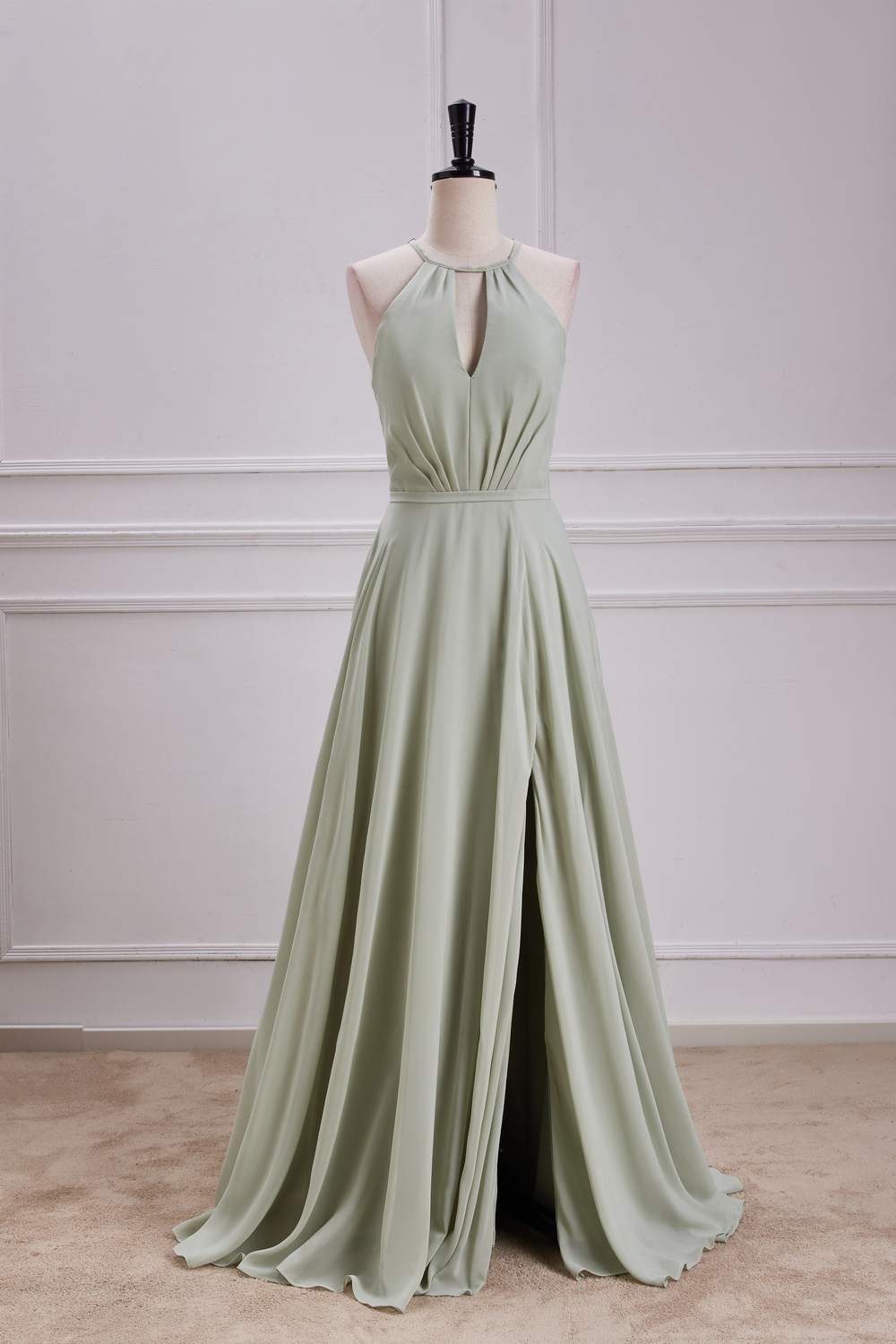 Dusty Sage Keyhole A-line Halter Long Bridesmaid Dress with Slit
