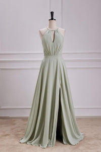 Dusty Sage Keyhole A-line Halter Long Bridesmaid Dress with Slit