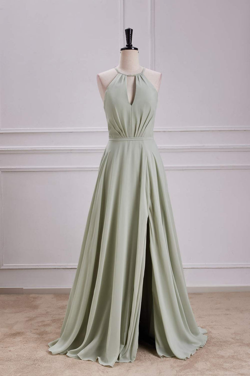 Dusty Sage Keyhole A-line Halter Long Bridesmaid Dress with Slit