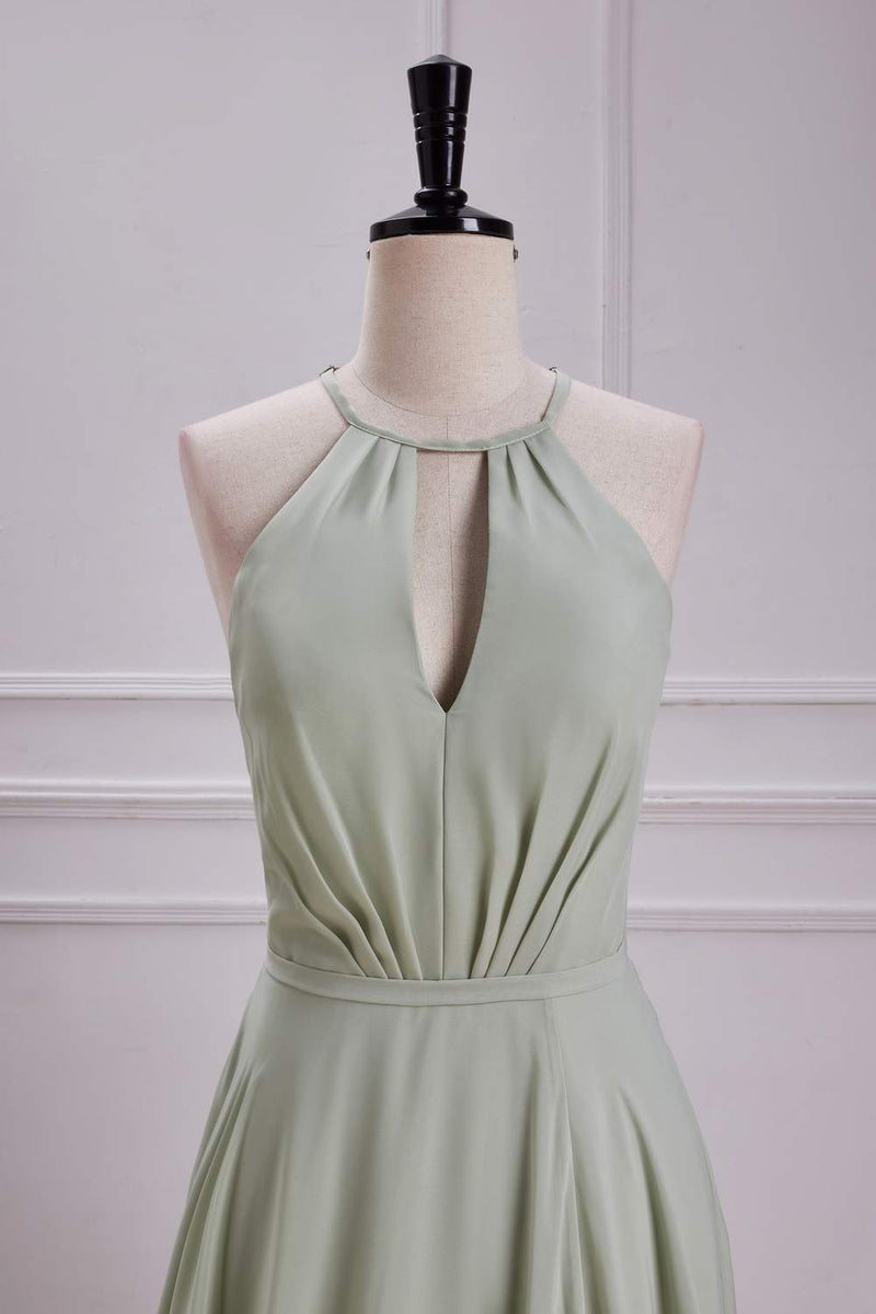 Dusty Sage Keyhole A-line Halter Long Bridesmaid Dress with Slit
