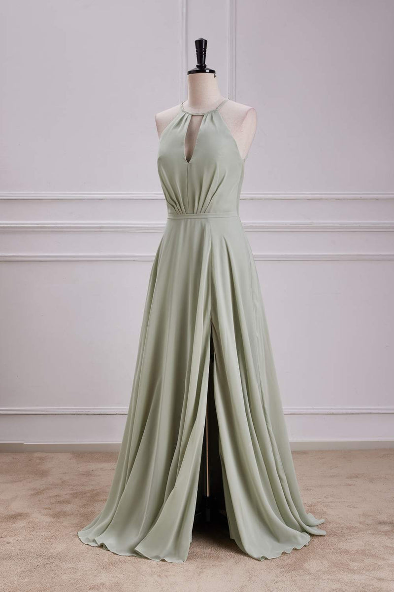 Dusty Sage Keyhole A-line Halter Long Bridesmaid Dress with Slit