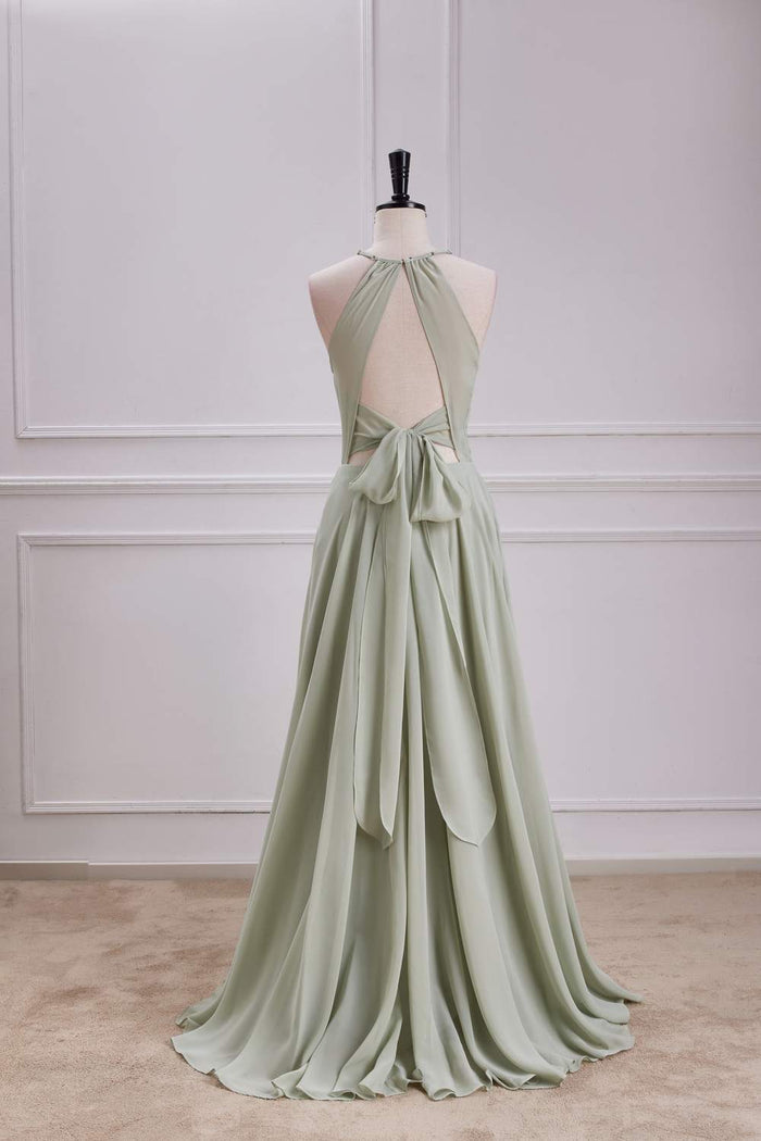 Dusty Sage Keyhole A-line Halter Long Bridesmaid Dress with Slit