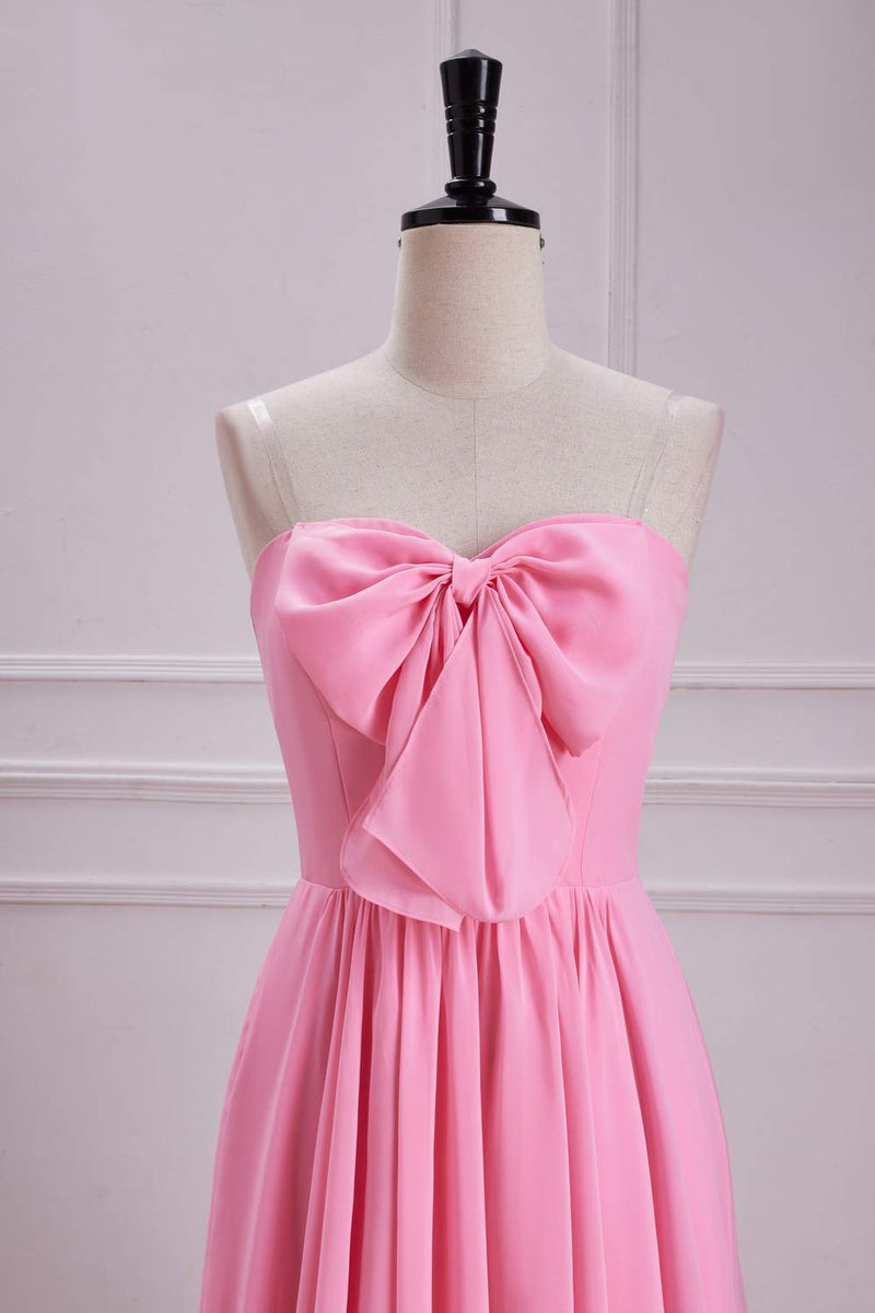 Candy Pink Strapless A-line Long Bridesmaid Dress with Bow