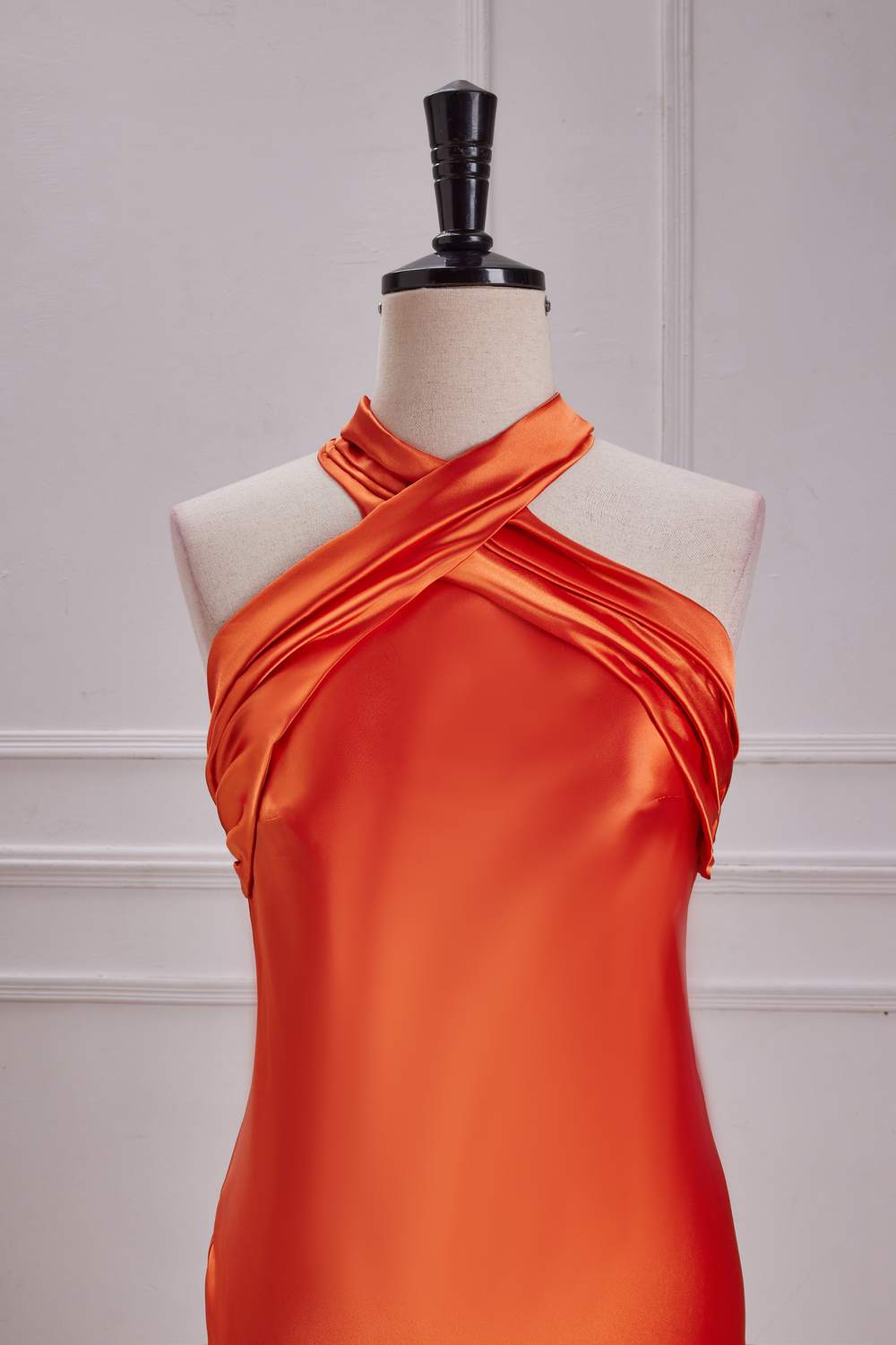 Orange Bow Tie Halter Mermaid Satin Long Bridesmaid Dress