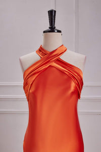 Orange Bow Tie Halter Mermaid Satin Long Bridesmaid Dress