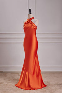 Orange Bow Tie Halter Mermaid Satin Long Bridesmaid Dress