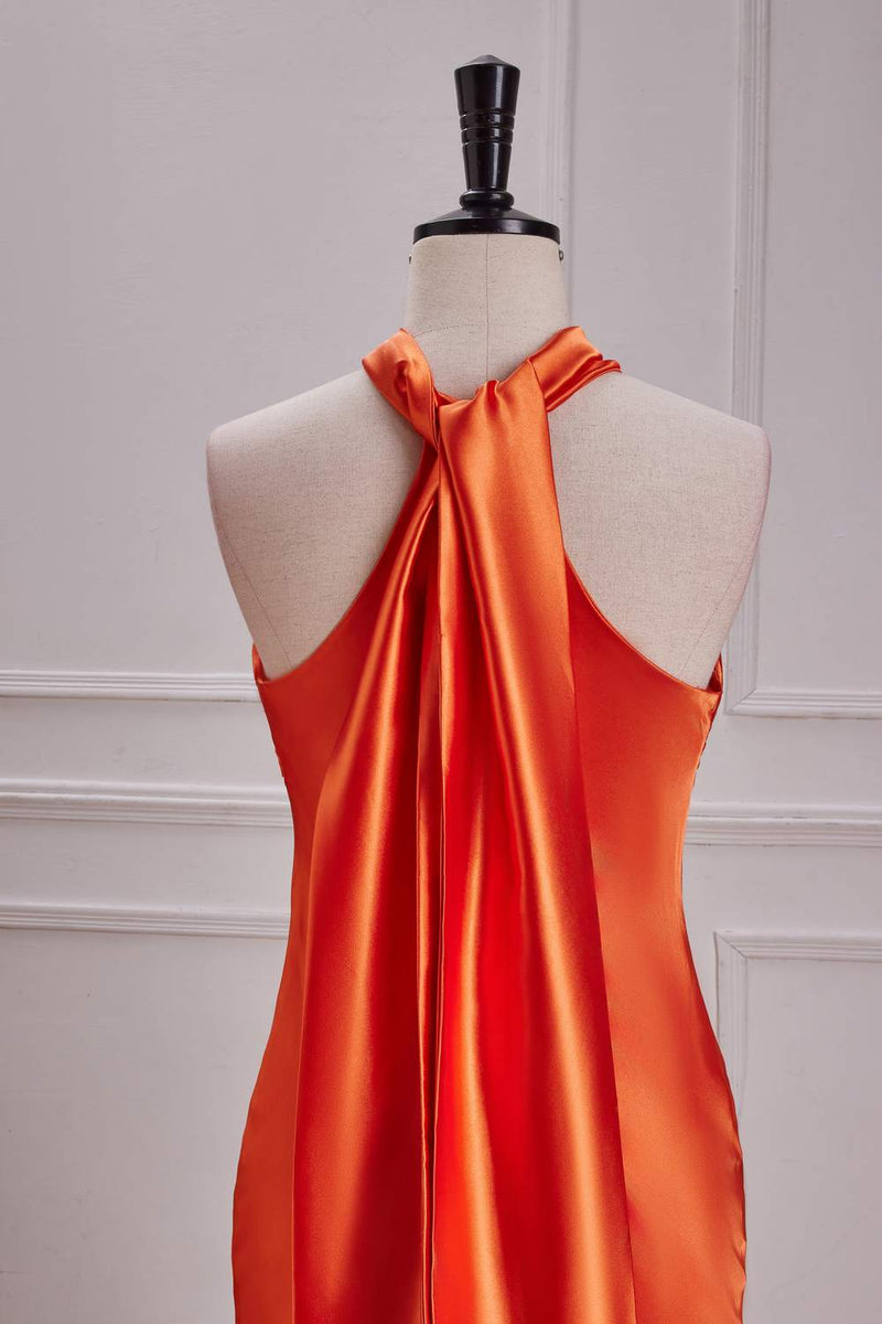 Orange Bow Tie Halter Mermaid Satin Long Bridesmaid Dress