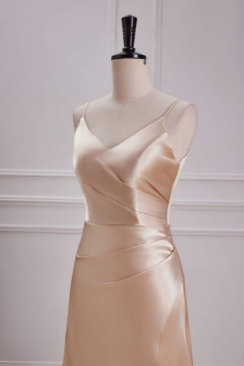 Champagne V Neck A-line Satin Silp Long Bridesmaid Dress with Slit