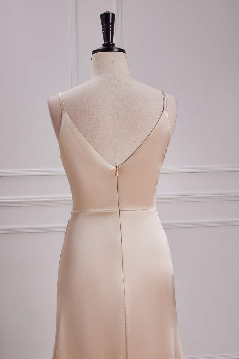 Champagne V Neck A-line Satin Silp Long Bridesmaid Dress with Slit