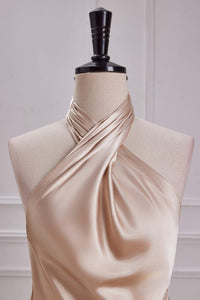 Champagne Crossed Halter Mermaid Satin Long Bridesmaid Dress