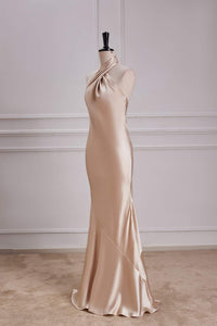 Champagne Crossed Halter Mermaid Satin Long Bridesmaid Dress