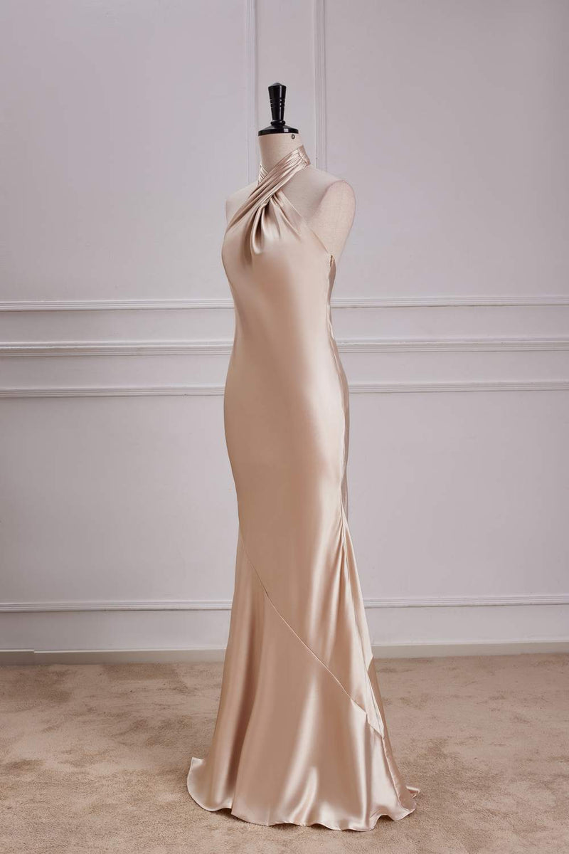 Champagne Crossed Halter Mermaid Satin Long Bridesmaid Dress
