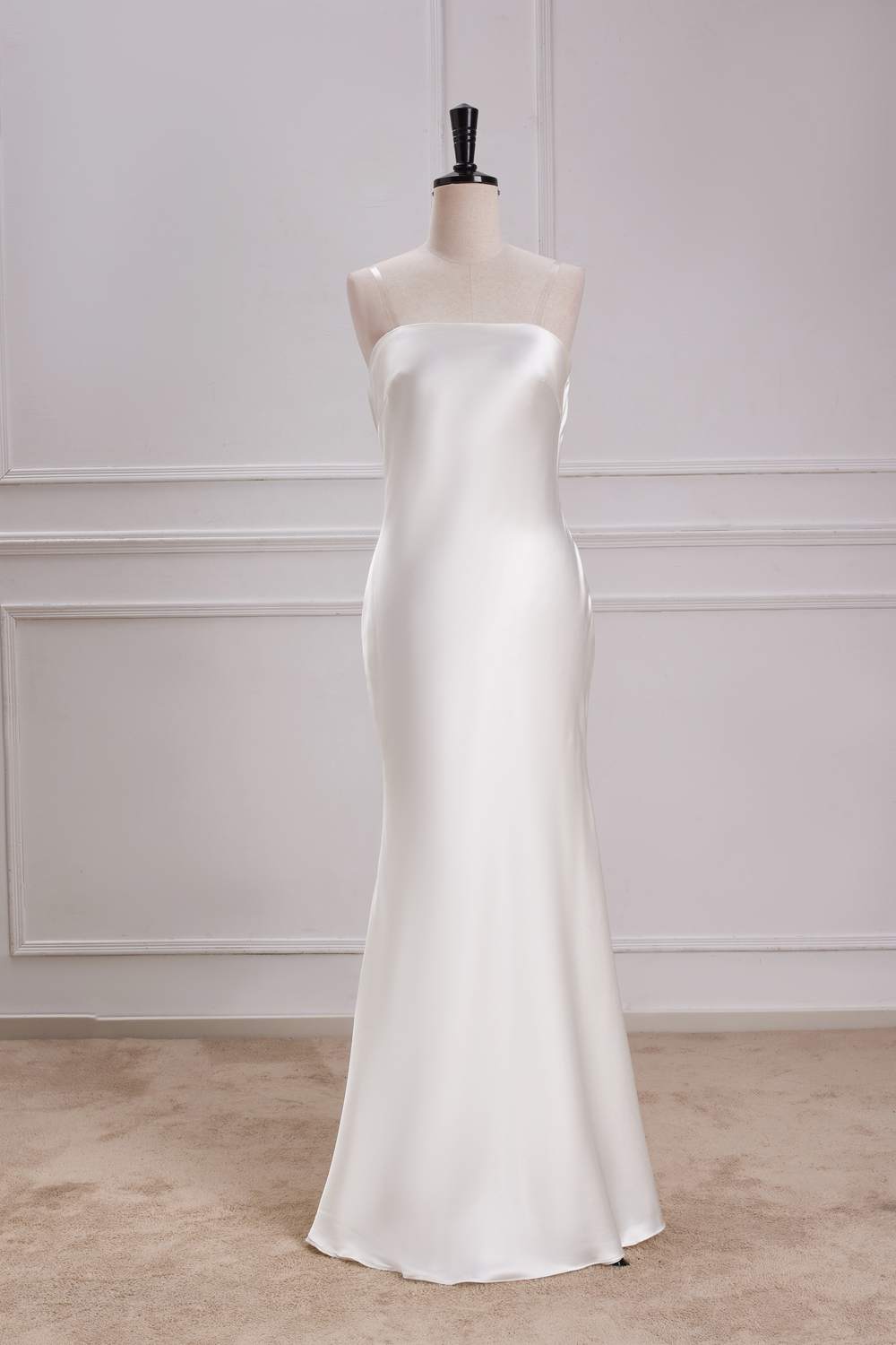 White Strapless Mermaid Satin Long Bridesmaid Dress