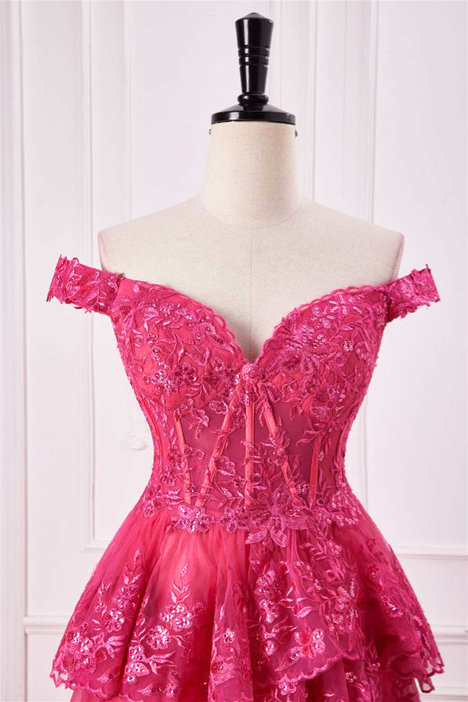 Hot Pink Off-Shoulder Floral Sequined Layers Long Prom Dress with Slit