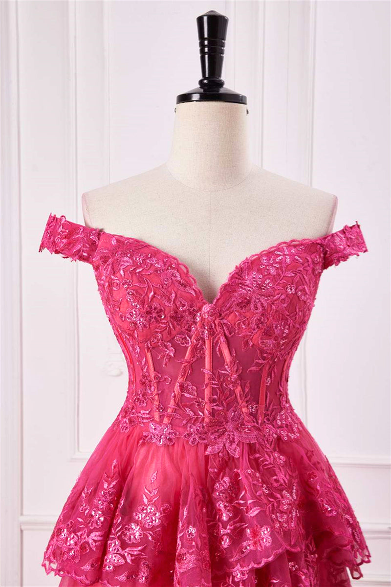 Hot Pink Off-Shoulder Floral Sequined Layers Long Prom Dress with Slit