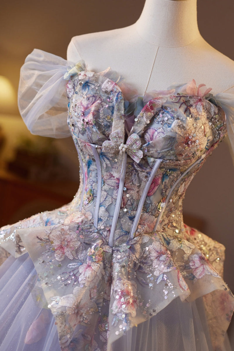 Off the ShoulderPurple Floral Embroidery A-line Prom Dress