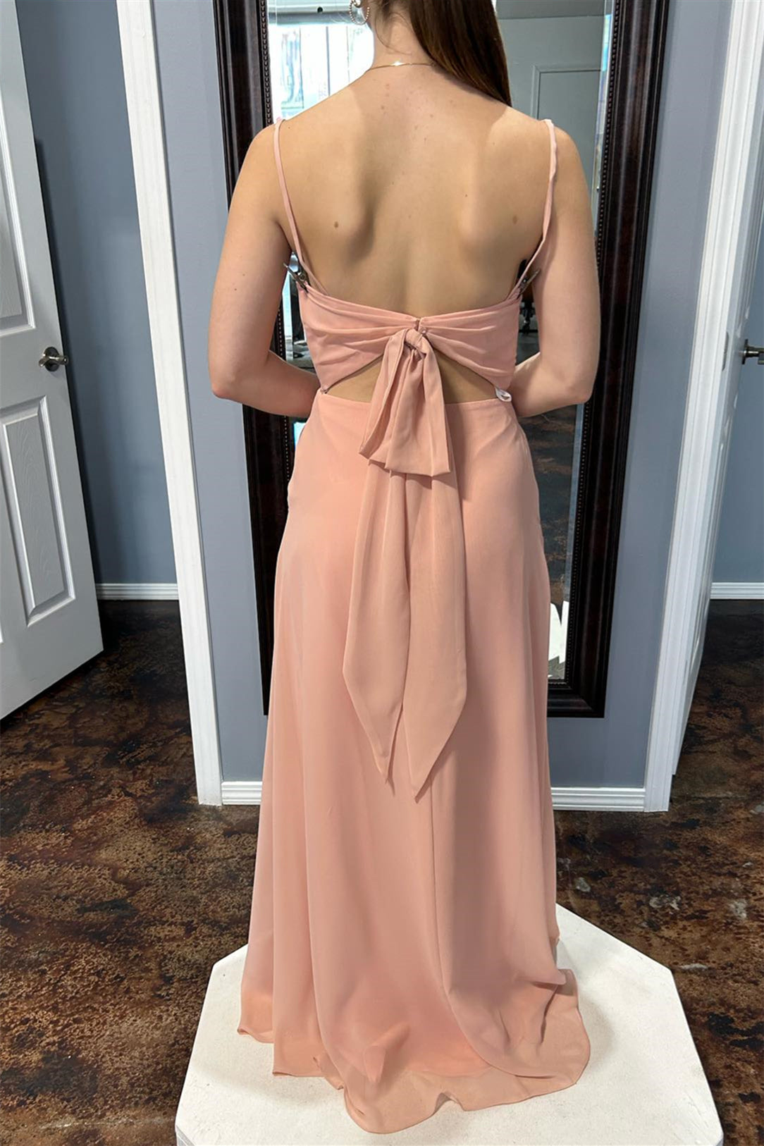 Pink Straps Cowl Neck Chiffon Long Bridesmaid Dress